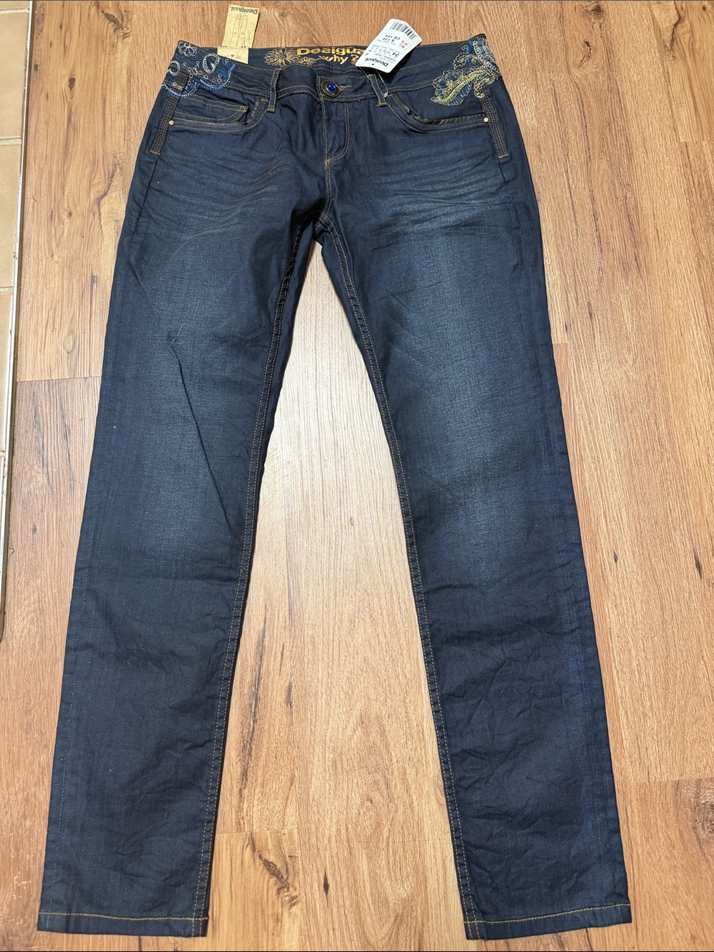 Desigual Navy Straight Jeans with Embroidery Detail, size 10 Tall, NWT